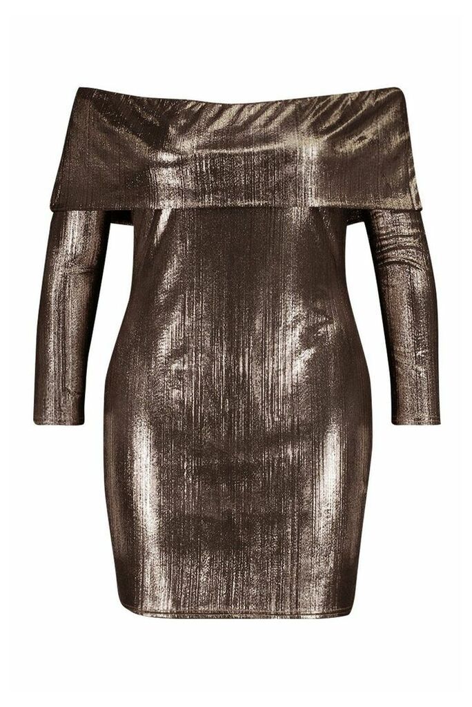 Womens Plus Metallic Bardot Long Sleeve Bodycon Dress - brown - 26, Brown