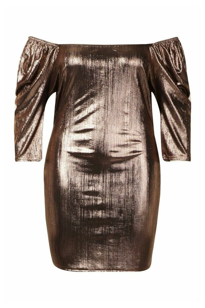 Womens Plus Metallic Puff Sleev Bodycon Dress - brown - 28, Brown