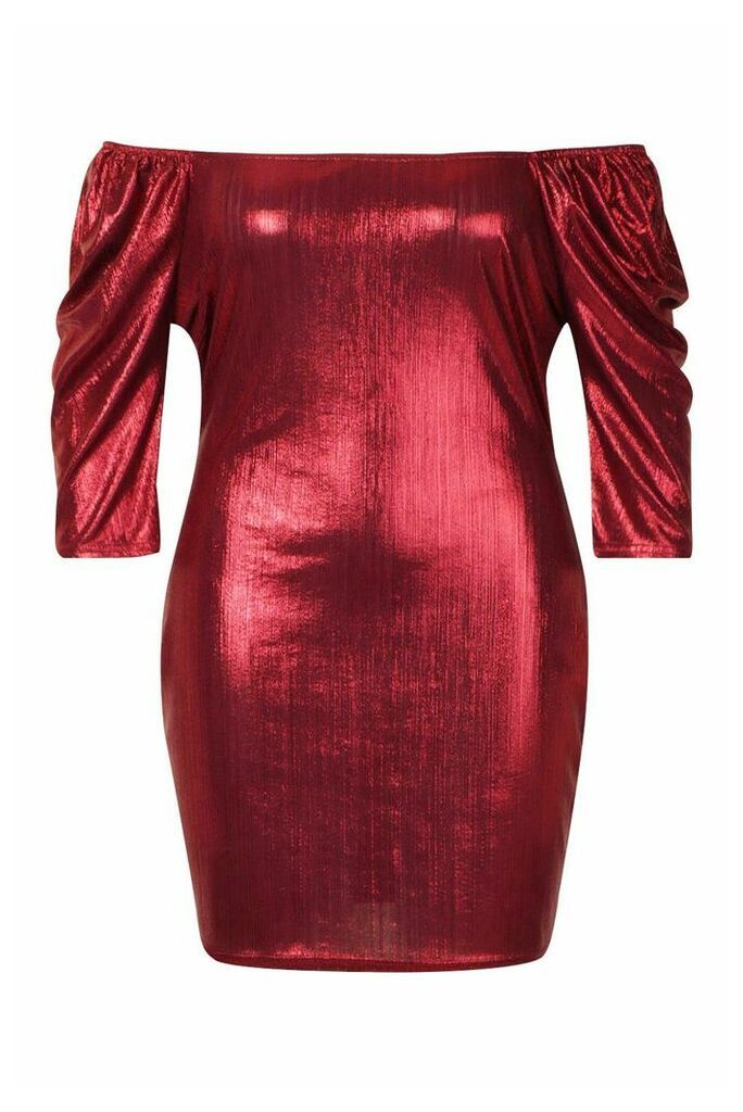 Womens Plus Metallic Puff Sleev Bodycon Dress - red - 20, Red