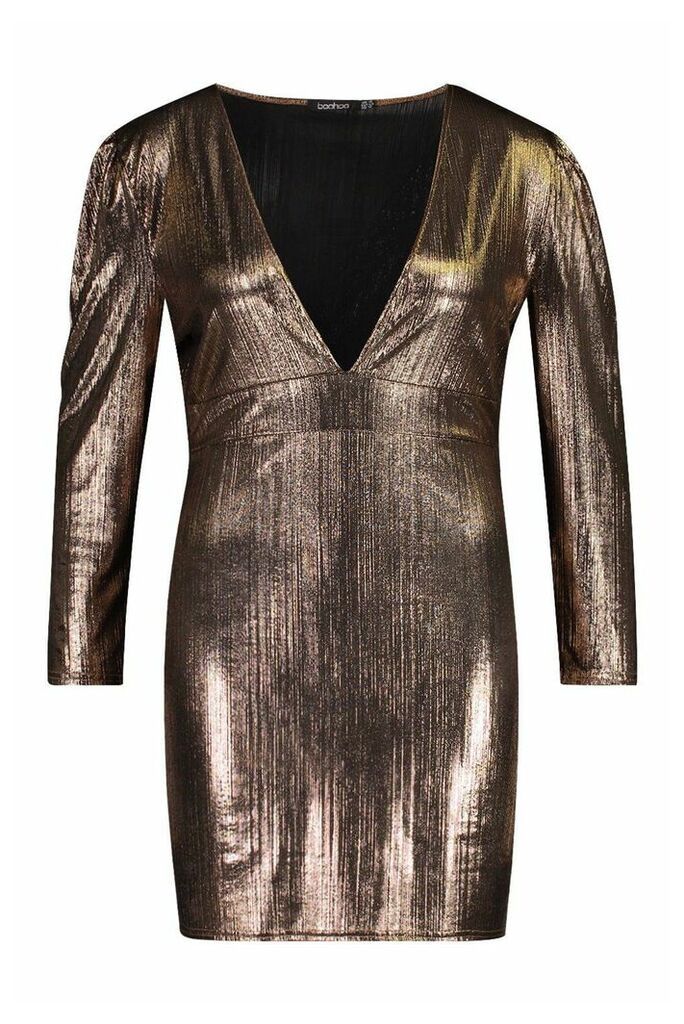 Womens Plus Metallic Puff Sleeve Plunge Mini Dress - brown - 26, Brown