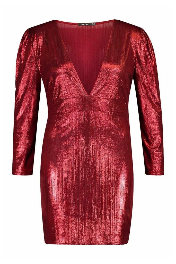 Womens Plus Metallic Puff Sleeve Plunge Mini Dress - red - 22, Red