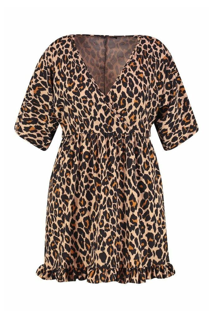 Womens Plus Leopard Ruffle Wrap Dress - Brown - 22, Brown