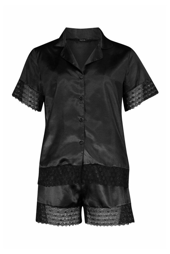 Womens Lace Trim Satin Button Through PJ Short Set - black - 8, Black
