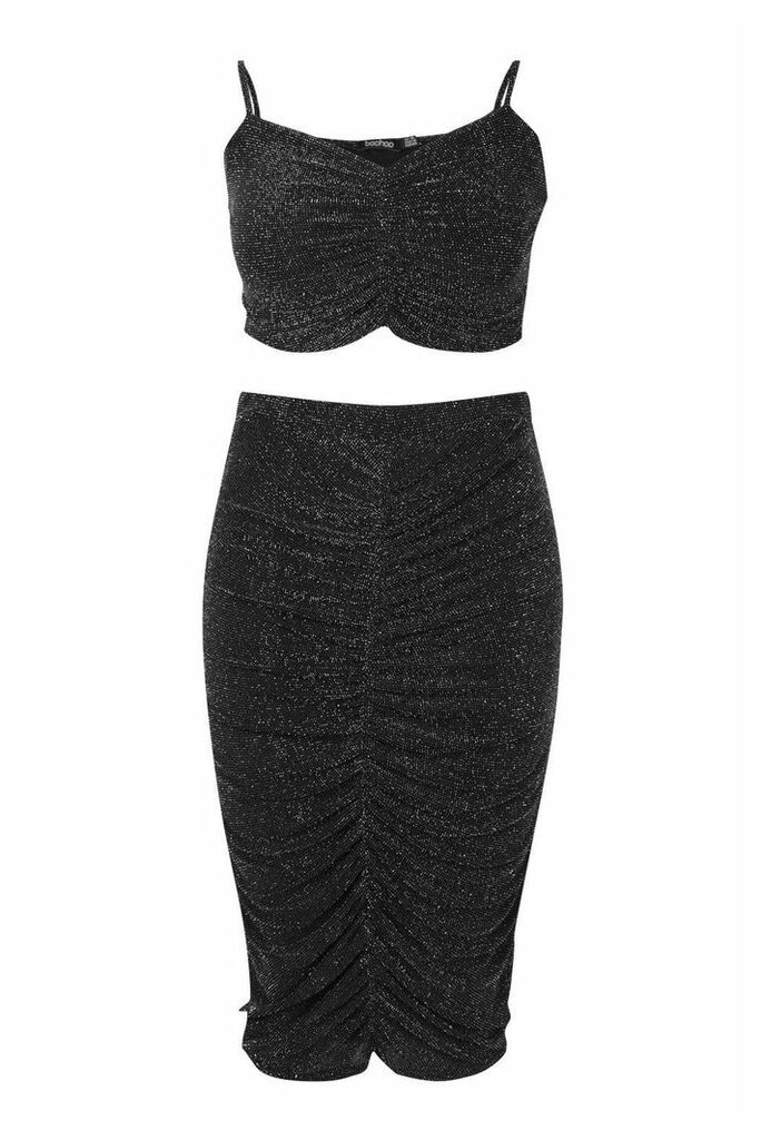Womens Plus Metallic Ruched Top + Midi Skirt Co-Ord - black - 26, Black