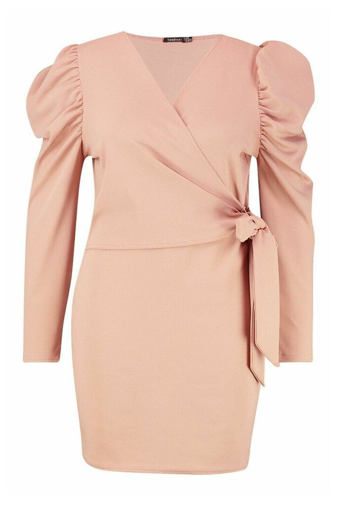Womens Plus Puff Sleeve Wrap Tie Waist Dress - pink - 26, Pink