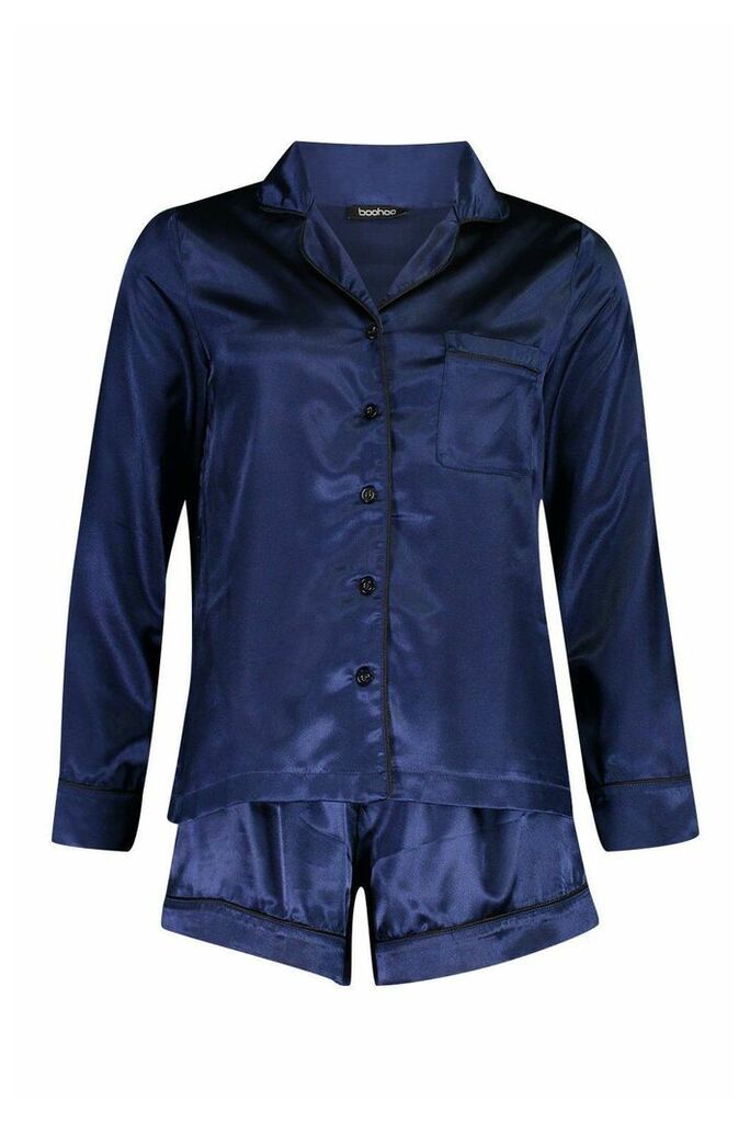 Womens Satin Long Sleeve PJ Short Set - blue - 12, Blue