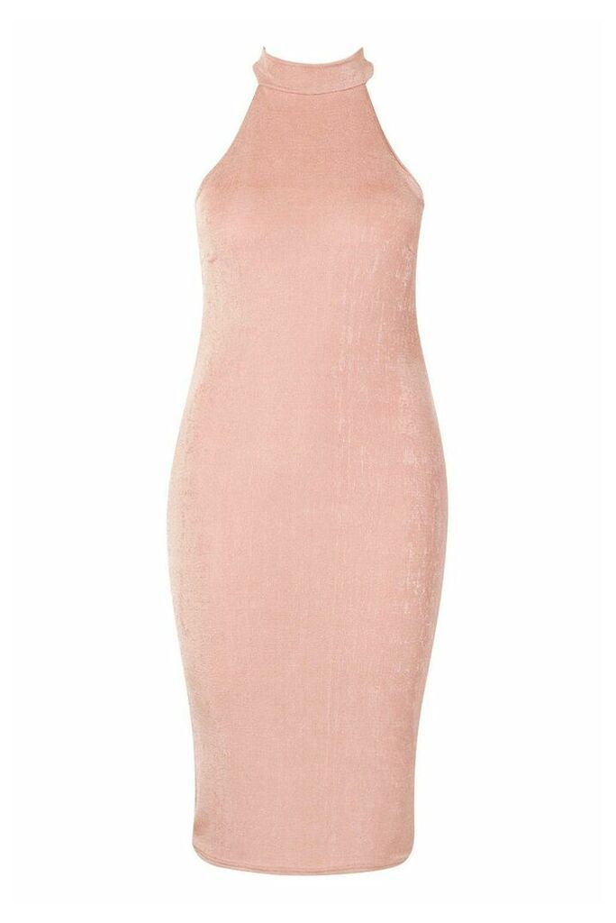 Womens Plus High Neck Textured Slinky Midi Dress - Pink - 26, Pink