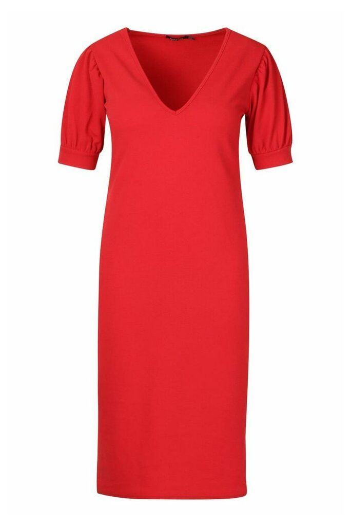 Womens Plus Puff Sleeve V Neck Midi Dress - red - 16, Red