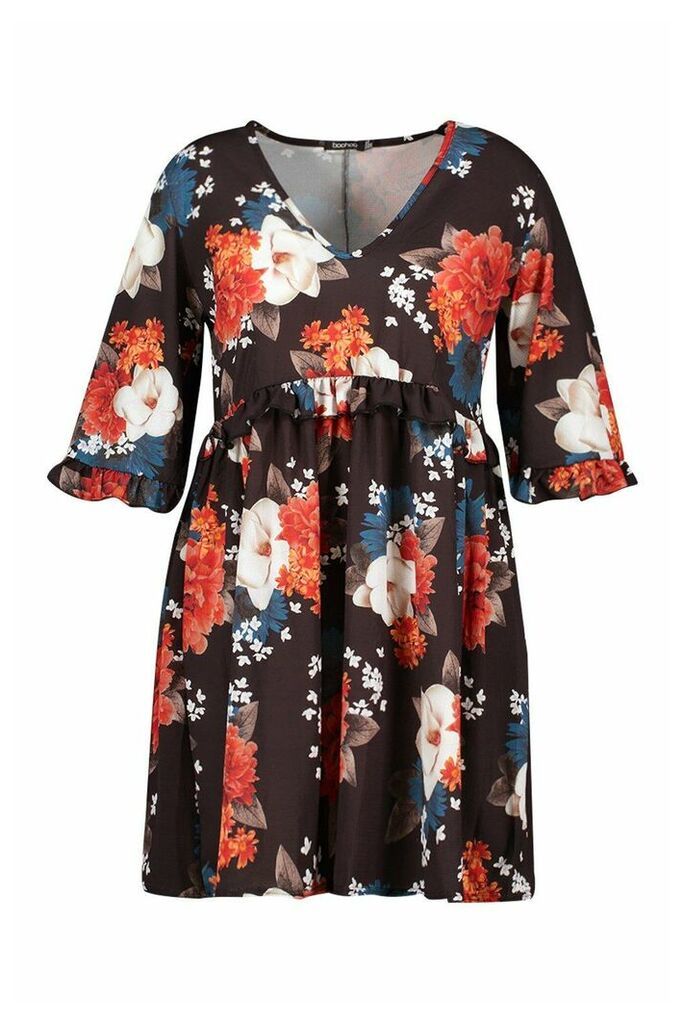 Womens Plus Ruffle Plunge Woven Floral Smock Dress - navy - 24, Navy