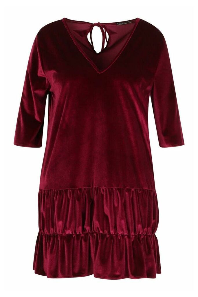 Womens Plus Velvet Tiered Smock Dress - 16, Red