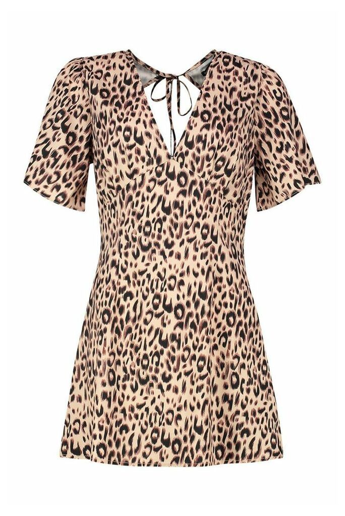 Womens Petite Natural Leopard Backless Skater Dress - beige - 4, Beige
