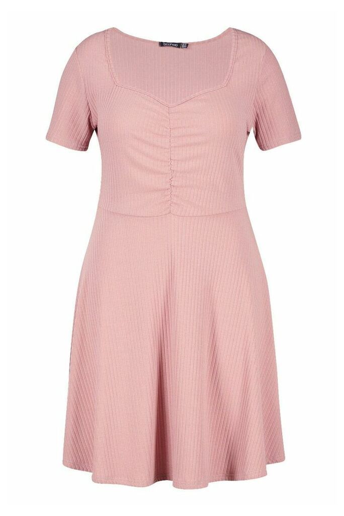 Womens Plus Soft Rib Ruched Detail Skater Dress - pink - 26, Pink