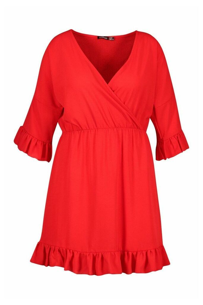 Womens Plus Ruffle Sleeve Wrap Front Skater Dress - Red - 18, Red