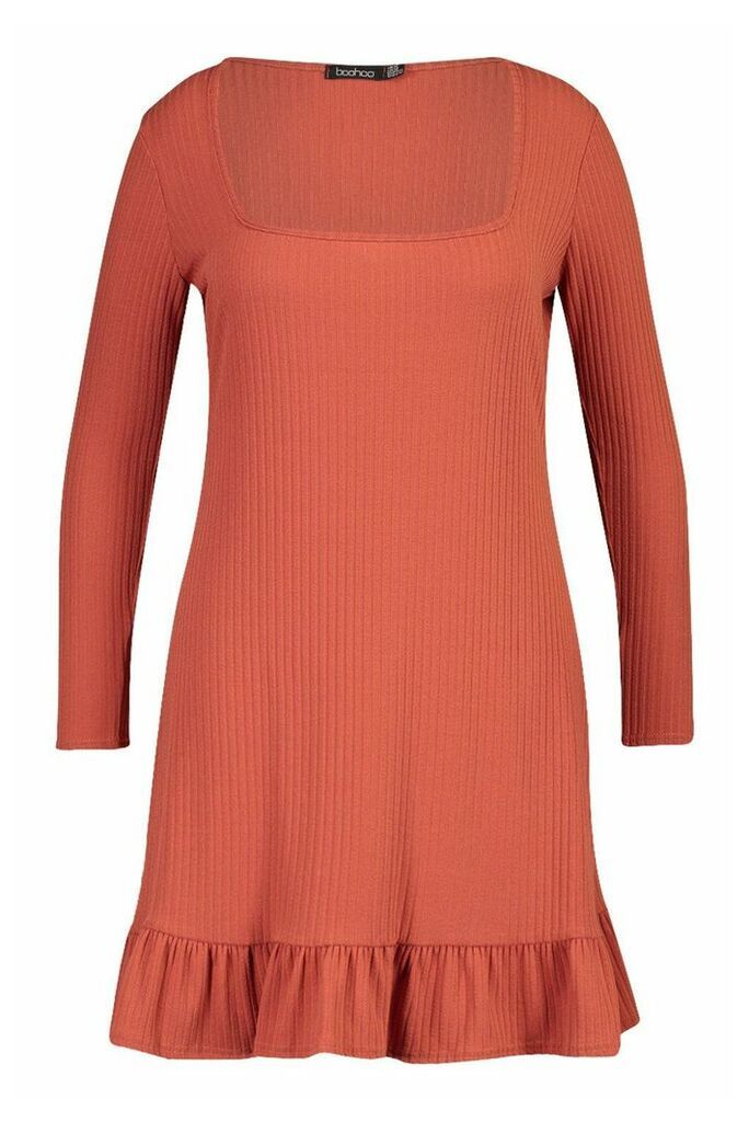 Womens Plus Soft Rib Ruffle Hem Shift Dress - orange - 16, Orange