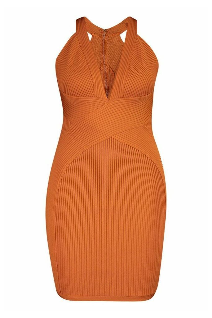 Womens Plus Plunge Sculpting Bandage Mini Dress - orange - 26, Orange