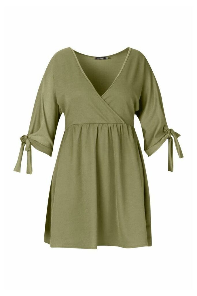 Womens Plus Tie Sleeve Wrap Smock Dress - green - 28, Green