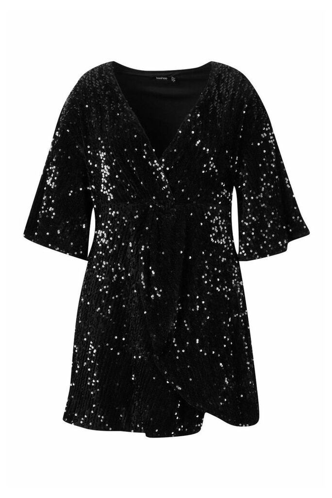 Womens Plus Sequin Twist Front Dress - Black - 18, Black