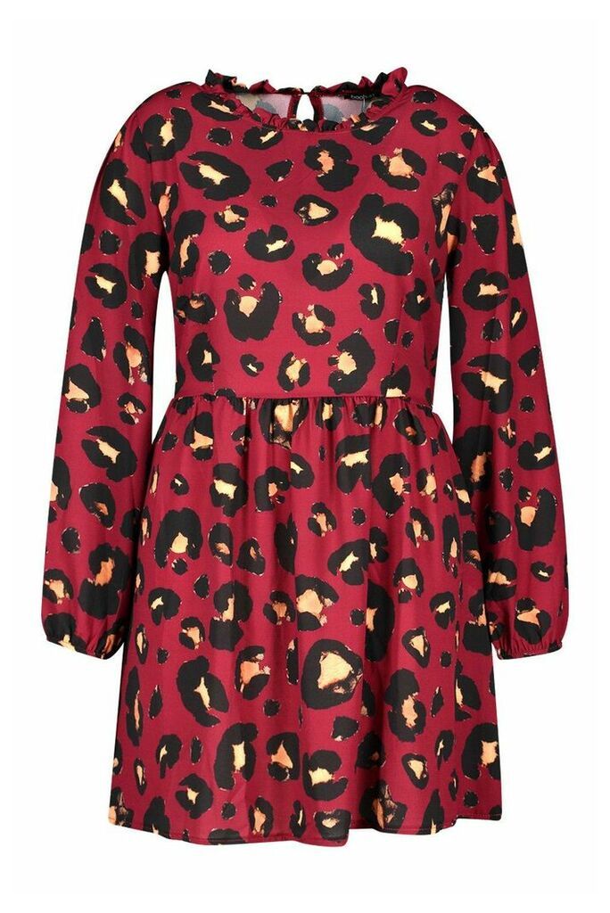 Womens Plus Leopard Print High Ruffle Neck Smock - Red - 18, Red