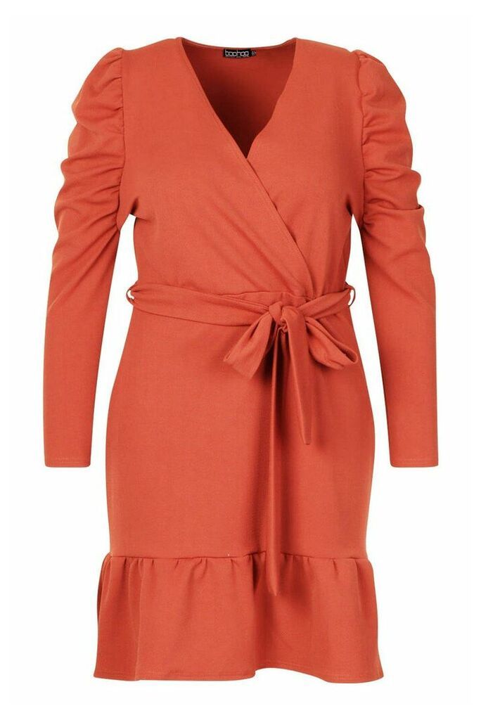 Womens Plus Ruffle Puff Sleeve Wrap Dress - Orange - 20, Orange