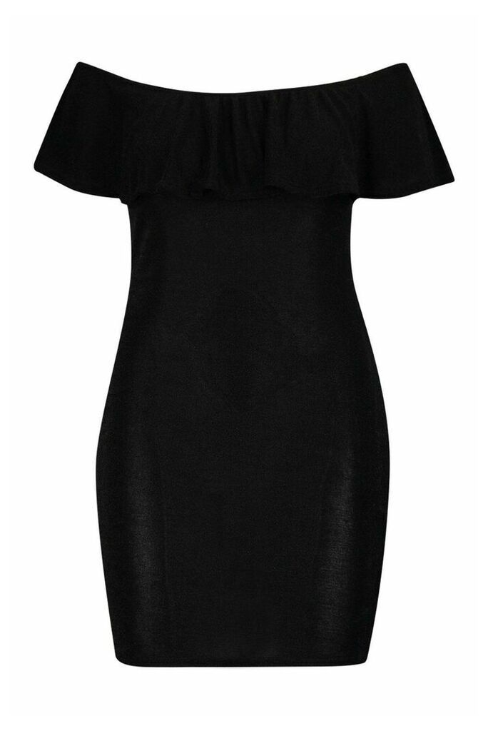 Womens Plus Bardot Ruffle Textured Slinky Mini Dress - Black - 16, Black