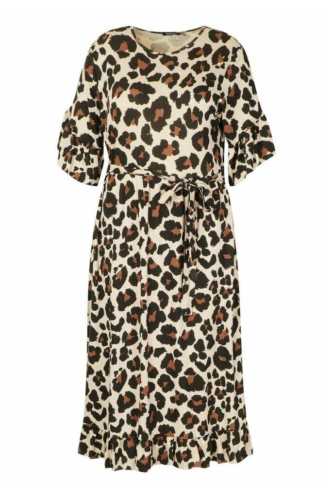Womens Plus Leopard Ruffle Tie Waist Midi Smock Dress - Brown - 16, Brown