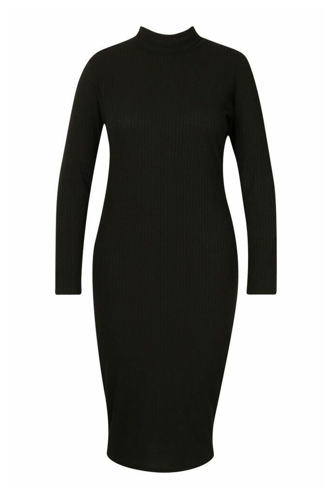 Womens Plus Soft Rib Roll Neck Midi Dress - Black - 26, Black