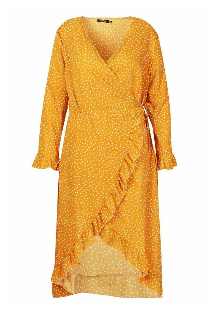 Womens Plus Polka Dot Ruffle Wrap Midi Dress - Yellow - 16, Yellow