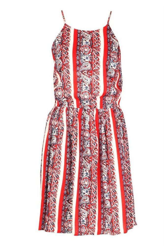 Womens Boho Paisley Print Strappy Sundress - red - XS, Red