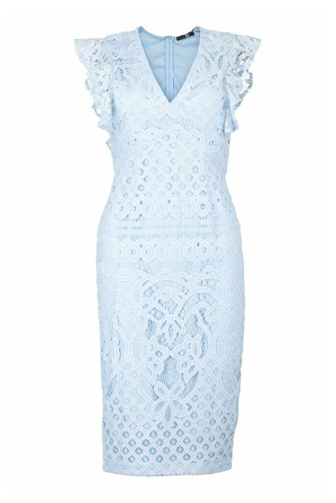 Womens Lace Ruffle Sleeve Detail Midi Dress - blue - 6, Blue