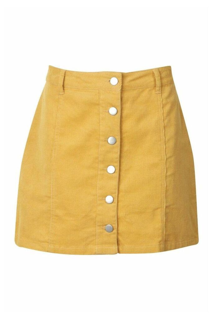 Womens Button Through Cord Mini Skirt - Yellow - 10, Yellow