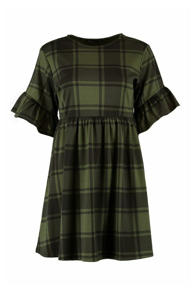 Womens Tartan Frill Sleeve Smock Dress - green - 8, Green