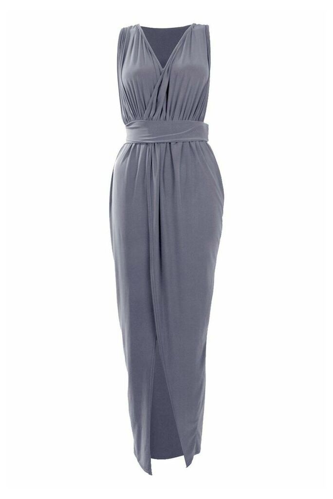 Womens Petite Plunge Drape Maxi Dress - Grey - 4, Grey