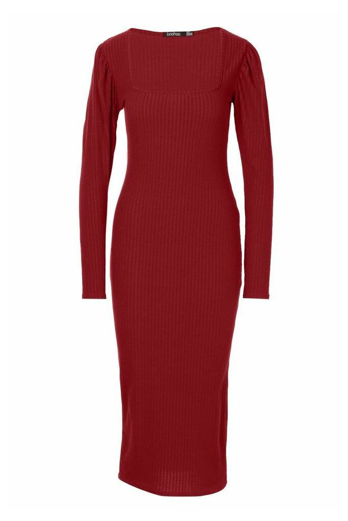 Womens Tall Puff Sleeve Square Neck Rib Bodycon Dress - red - 16, Red