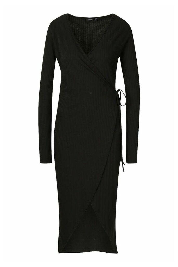 Womens Tall Wrap Rib Midi Dress - black - 8, Black