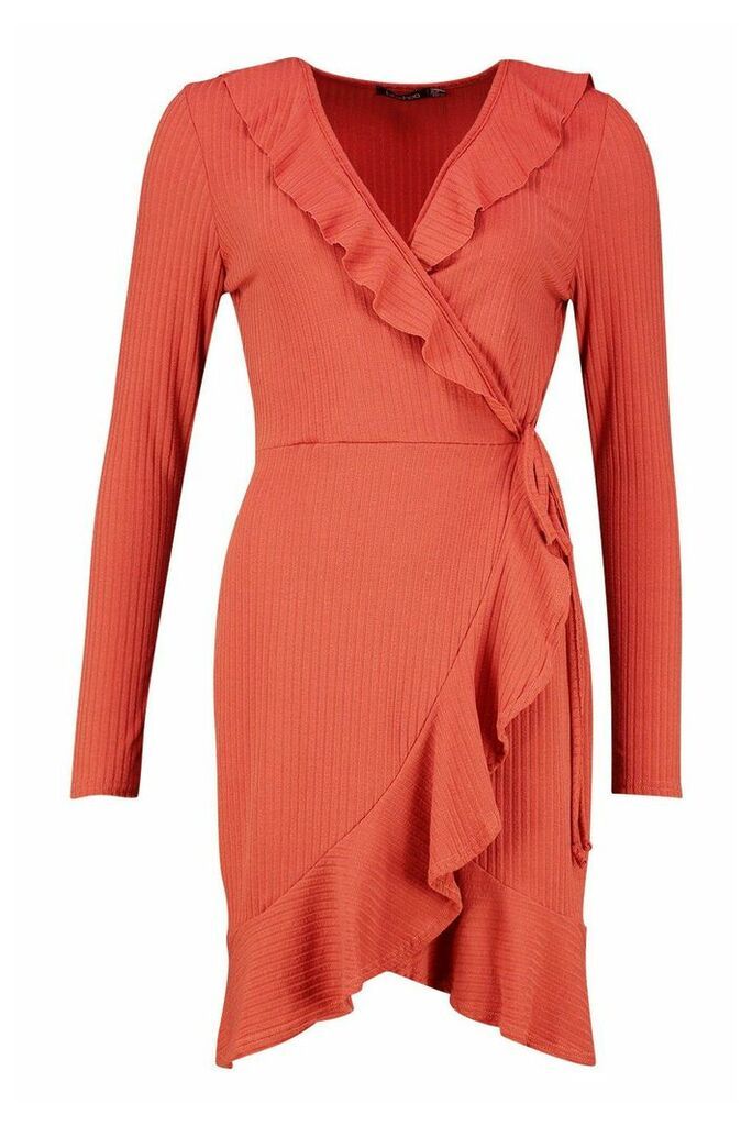 Womens Tall Ruffle Rib Wrap Tea Dress - orange - 10, Orange