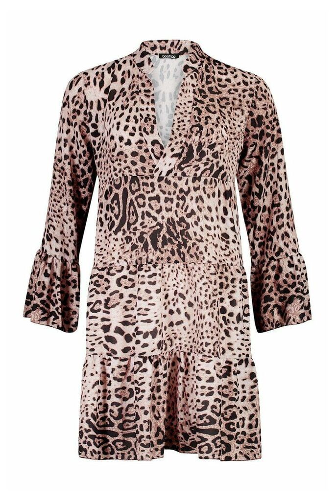 Womens Tall Leopard Print Tiered Smock Dress - multi - 8, Multi