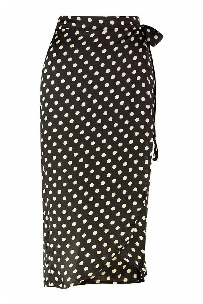 Womens Tall Satin Polka Dot Print Wrap Skirt - Black - 12, Black