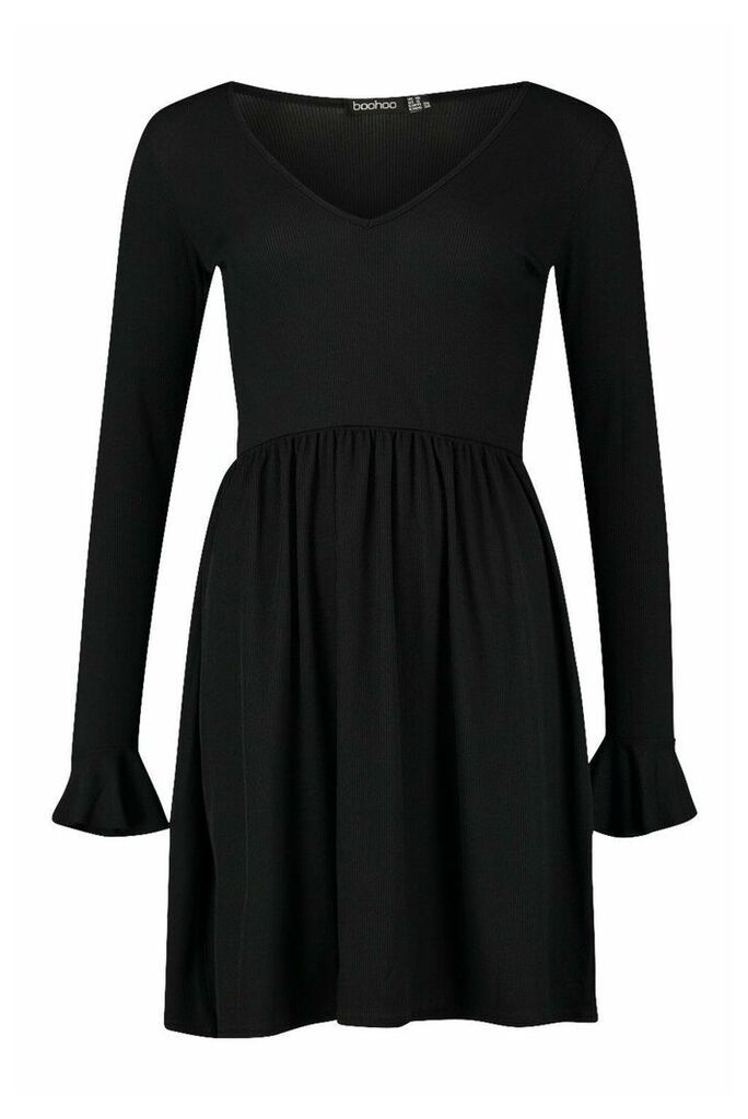 Womens Tall Rib Plunge Frill Sleeve Smock Dress - black - 6, Black