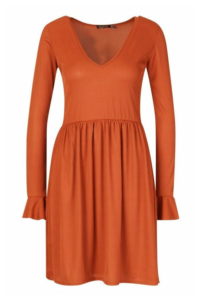 Womens Tall Rib Plunge Frill Sleeve Smock Dress - orange - 6, Orange