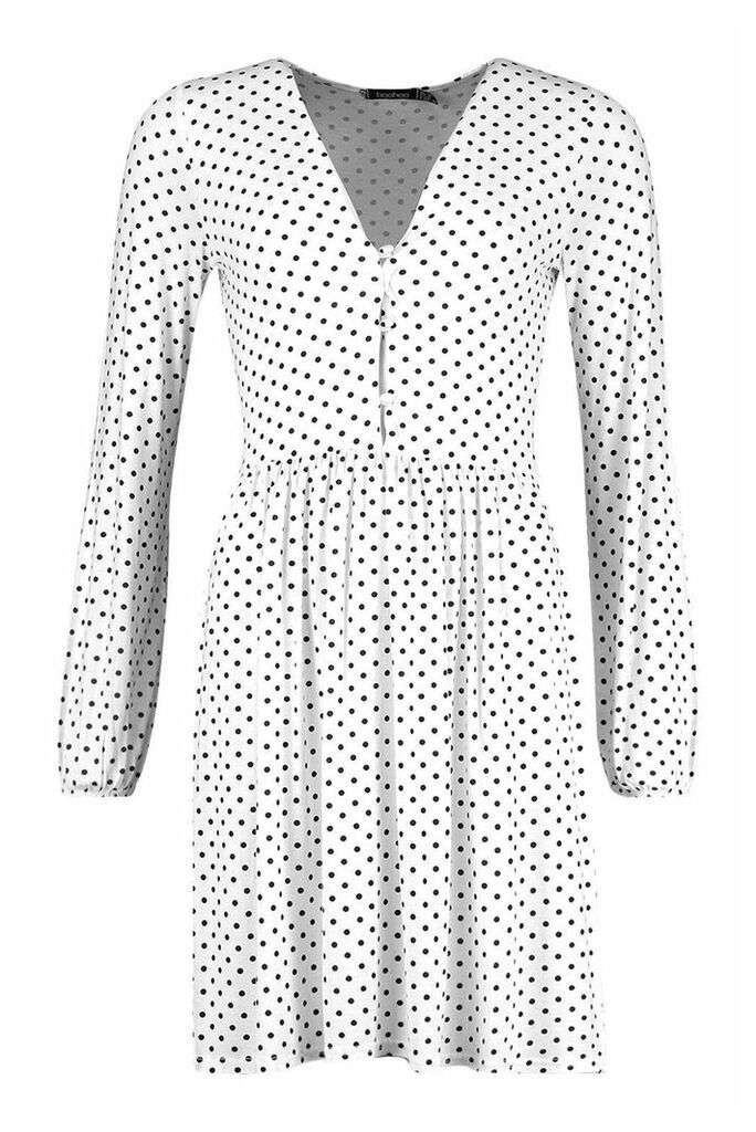 Womens Tall Polka Dot Button Through Smock Dress - White - 6, White