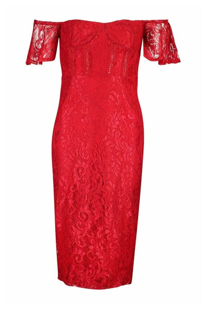 Womens Tall Off The Shoulder Lace Midi Dress - Red - 14, Red