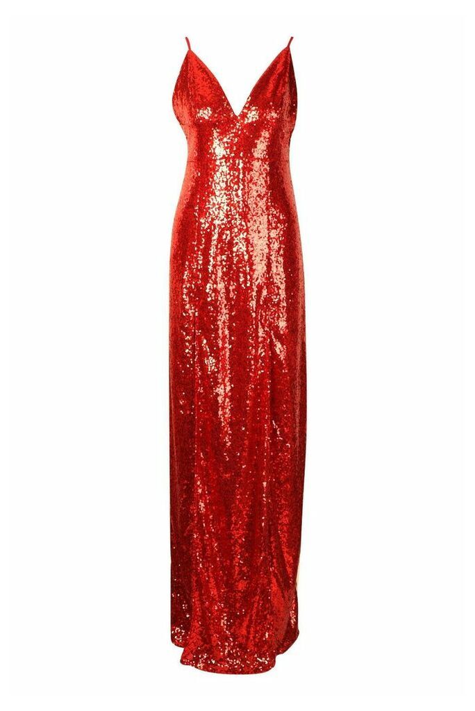 Womens Tall Plunge Sequin Maxi Dress - red - 12, Red