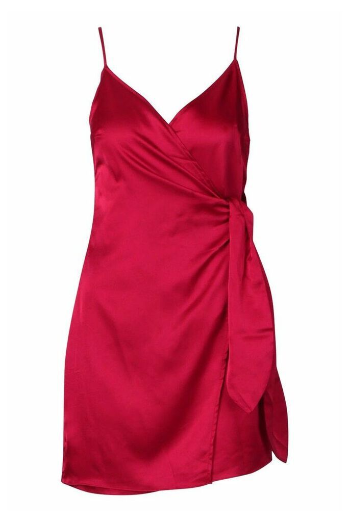Womens Satin Wrap Detail Dress - red - 6, Red