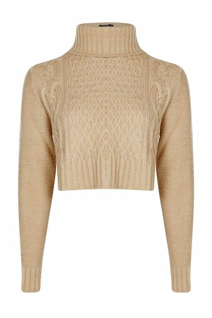 Womens roll/polo neck Cable Crop Jumper - beige - L, Beige