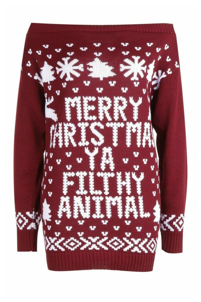 Womens Slash Neck Filthy Animal Christmas Jumper - red - S/M, Red