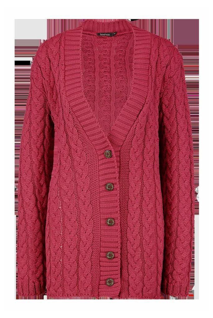Womens Cable Knit Cardigan - Pink - S/M, Pink
