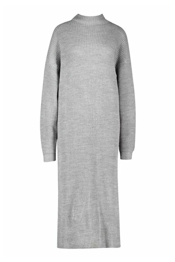 Womens Tall Funnel Neck Knit Midi Dress - Grey - S/M, Grey