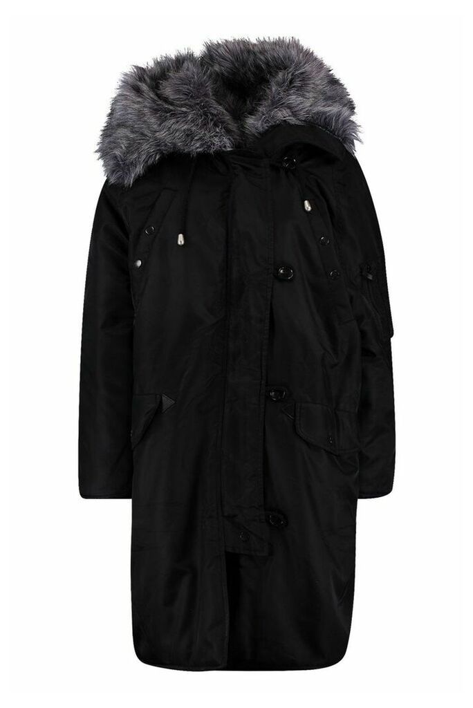 Womens Oversized Faux Fur Fly Hood Luxe Parka - Black - 10, Black