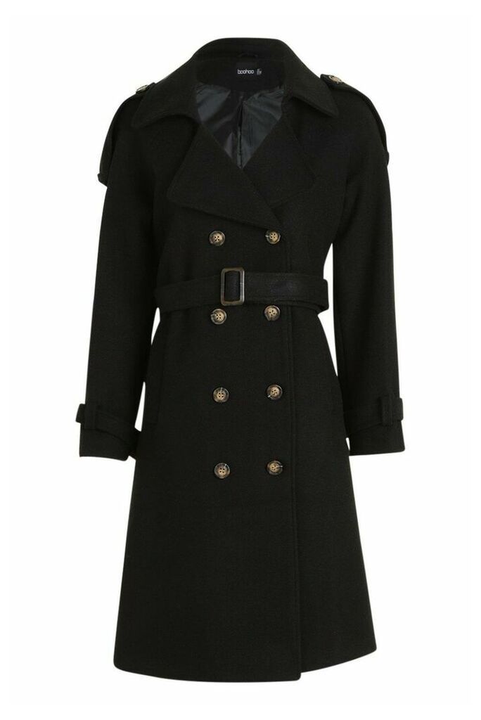 Womens Belted Wool Look Trench - Black - 14, Black