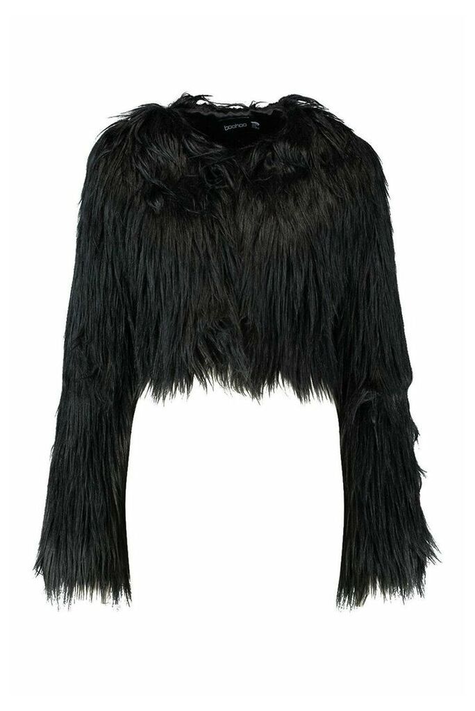 Womens Crop Shaggy Faux Fur Coat - black - 12, Black